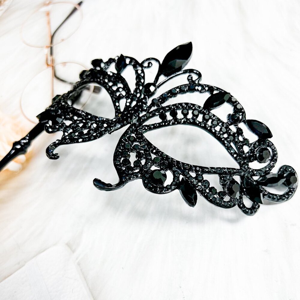 Butterfly Mask with Stick, Masquerade Ball Mask, Black Crystal Masquerade Mask - Picture 5 of 8